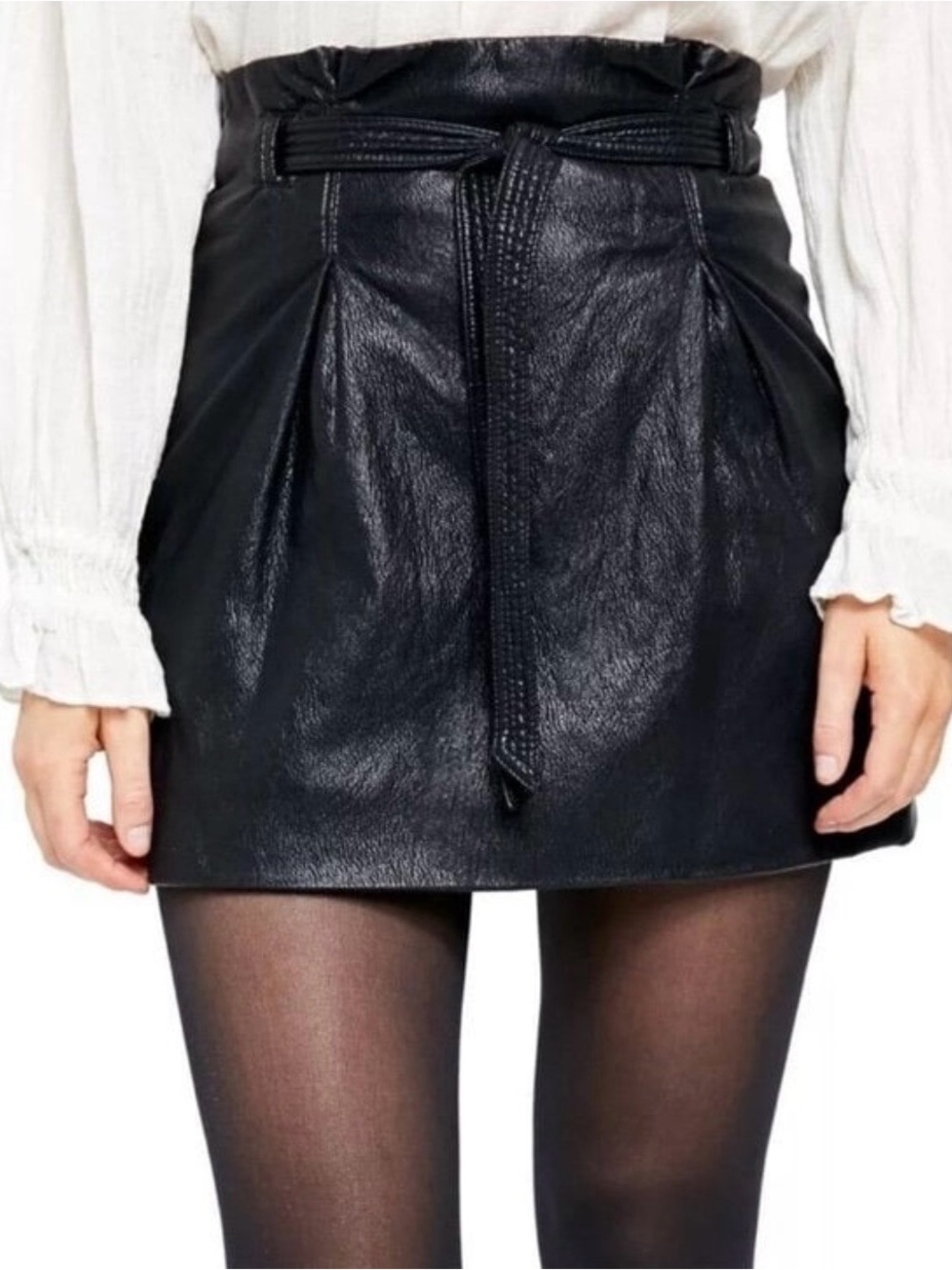Black Faux Leather Paperbag Mini Skirt with Tie Belt